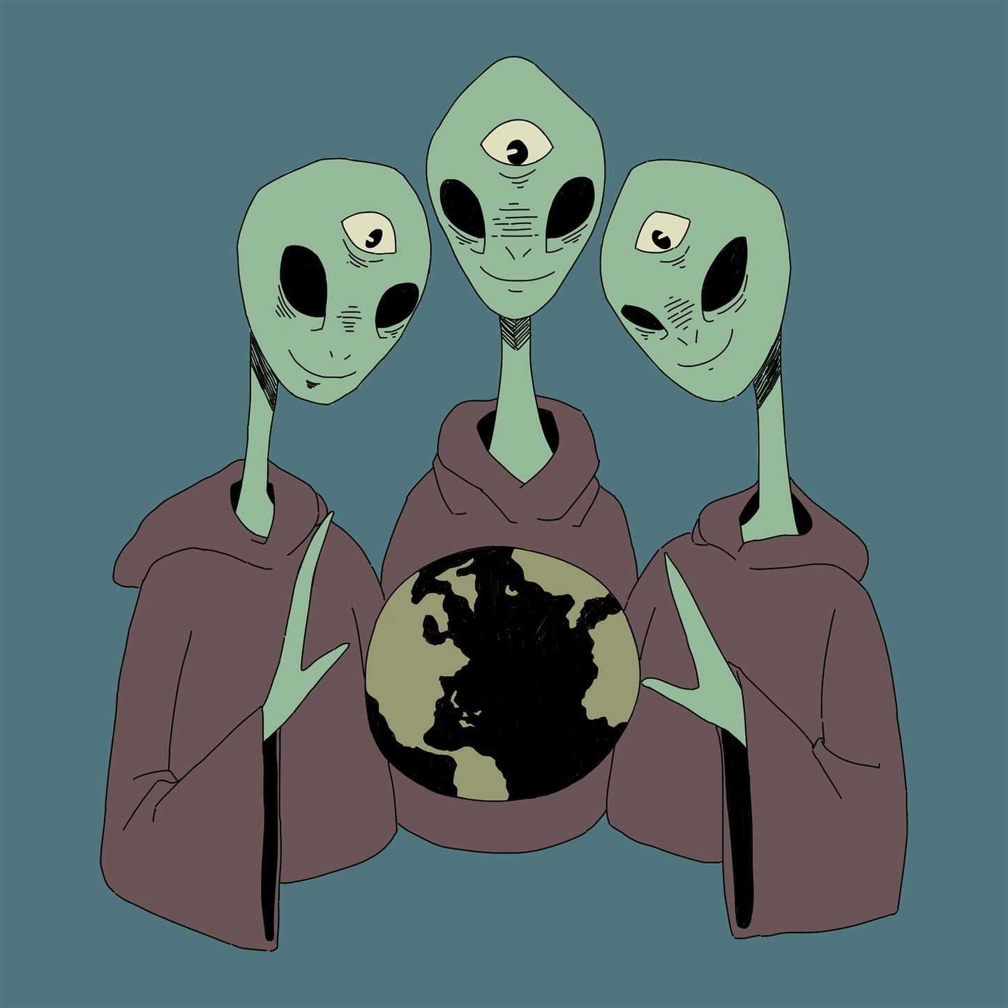 Three green aliens in hoodies holding a globe on a teal background