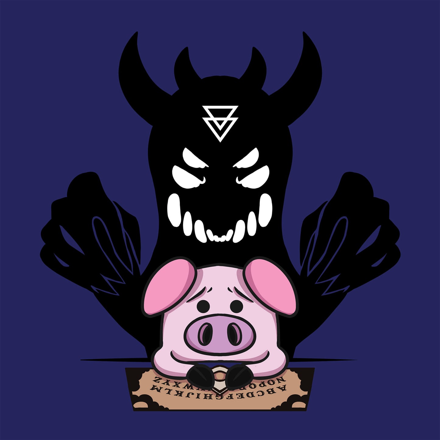 Cartoon pig with a Ouija Board on a blue background