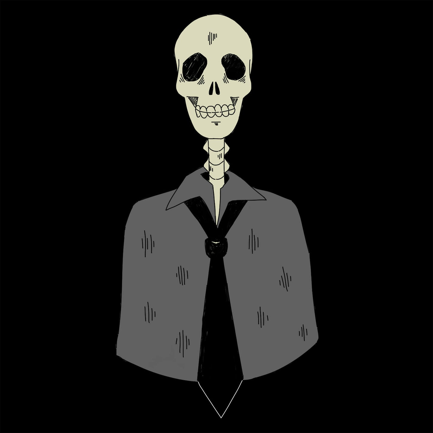 Skeleton wearing a gray coat and black tie on a black background