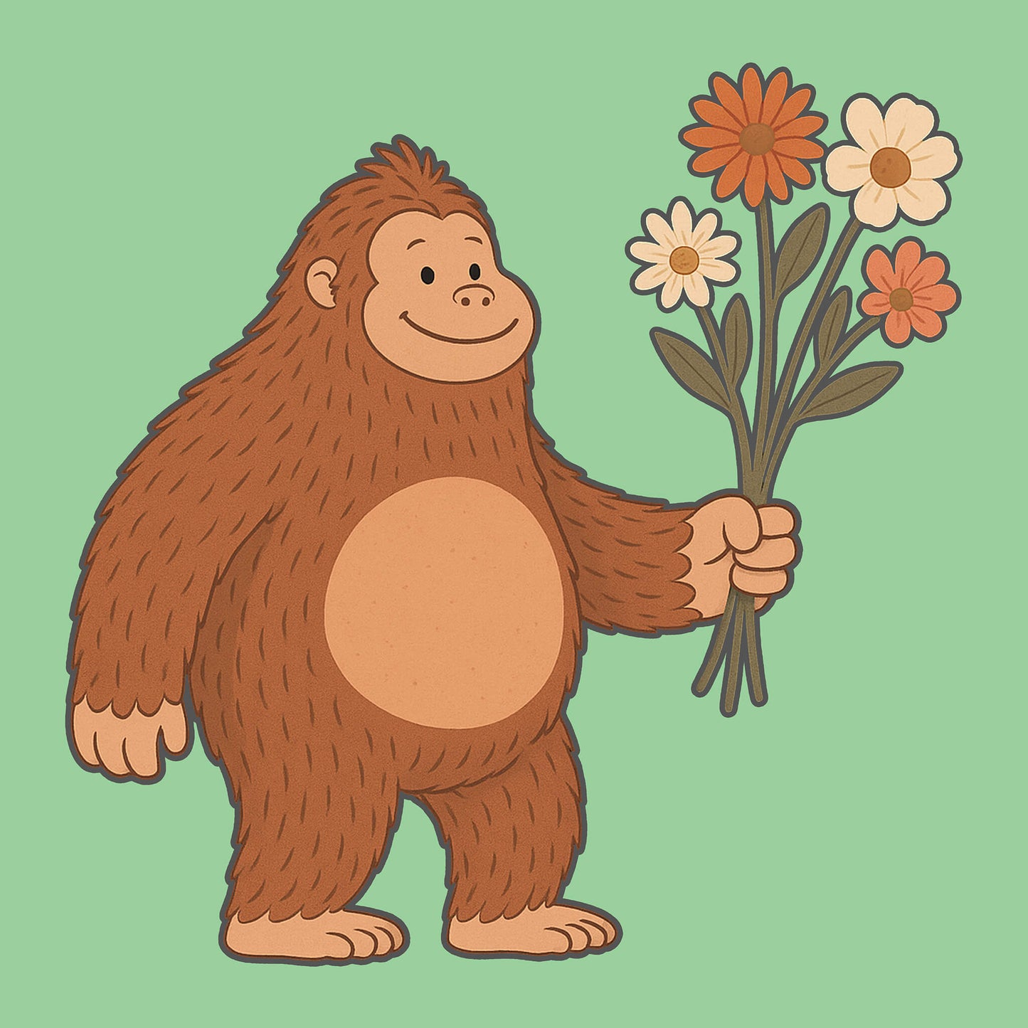 Bigfoot holding a bunch of flowers on a green background