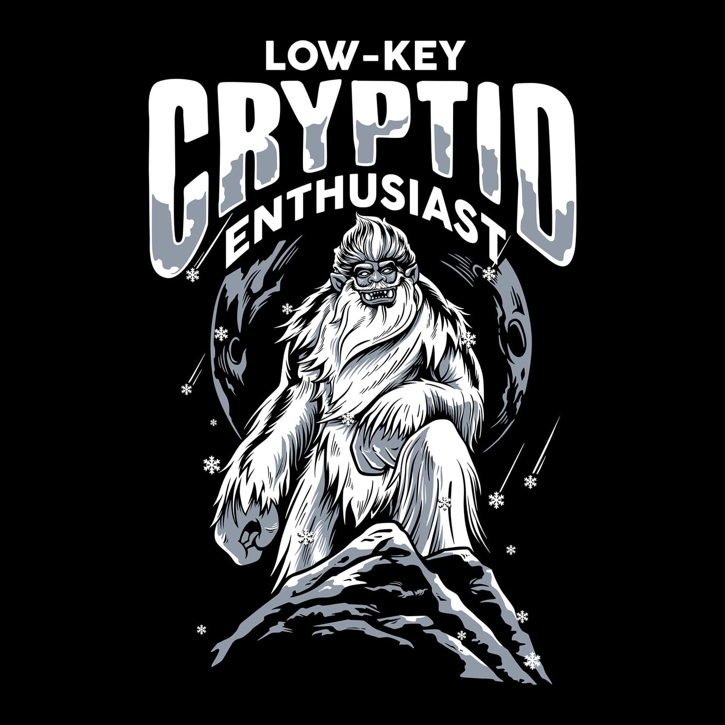 Illustration of a cryptid creature with 'Low-Key Cryptid Enthusiast' text on a black background