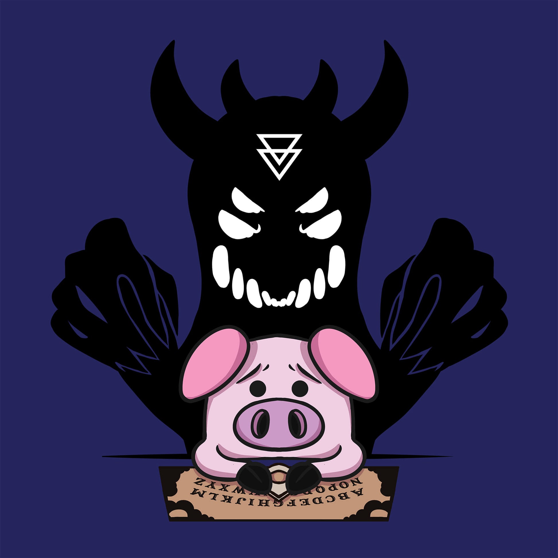 Cartoon pig with a Ouija Board on a blue background