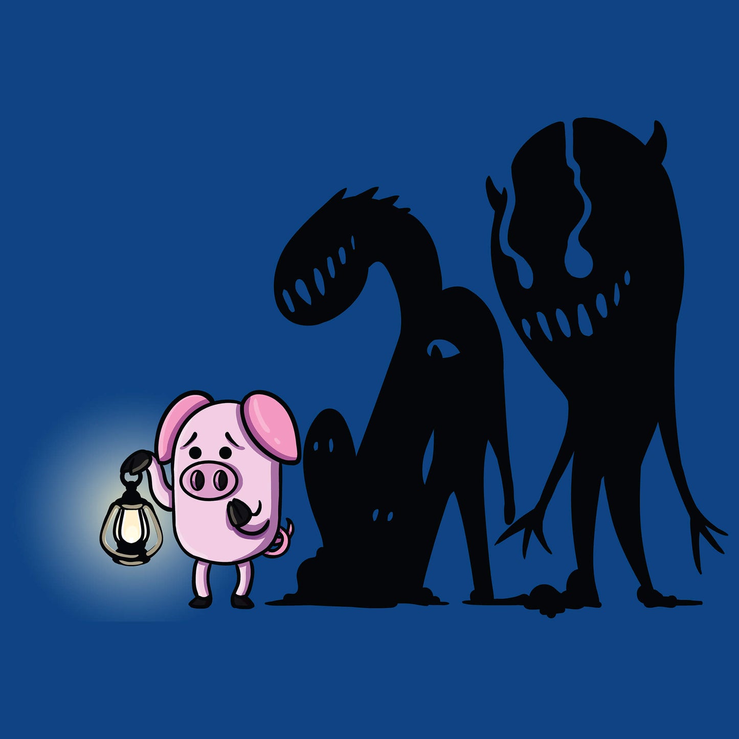 Cartoon pig holding a lantern next to two large black silhouettes on a blue background
