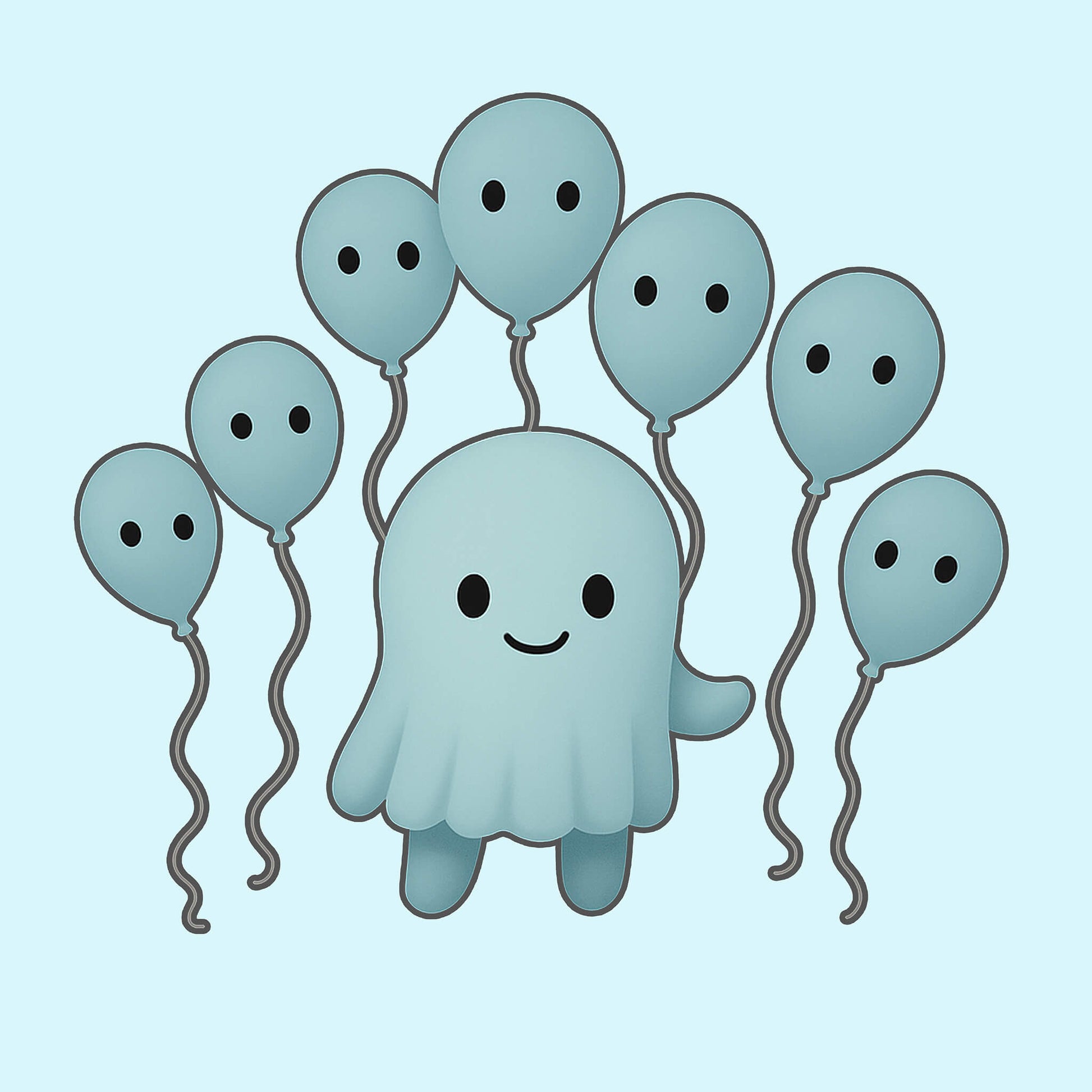 Cartoon ghost holding balloons on a light blue background