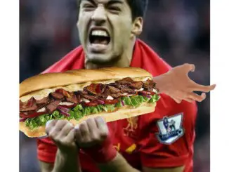 Luis Suarez bites flesh Subway sandwich. He really enjoys this delicious Italian BLT. Suarez - eat flesh.