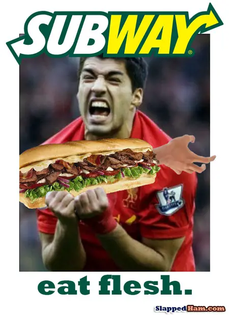 Luis Suarez bites flesh Subway sandwich. He really enjoys this delicious Italian BLT. Suarez - eat flesh.