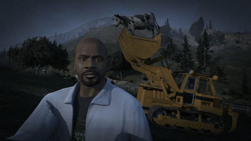 Franklin taking a selfie with a cow in a bulldozer on GTA V.