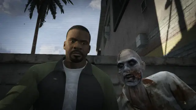 Franklin taking a selfie with a zombie on GTA V.
