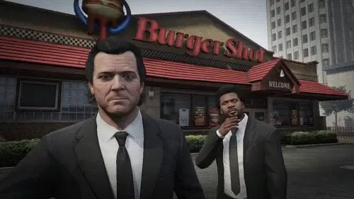 Michael and Franklin taking a Pulp Fiction selfie on GTA V.
