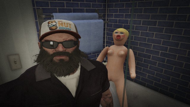 Trevor taking a selfie with a blow up doll on GTA V.