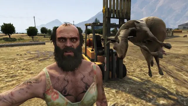 Trevor taking a selfie with a cow on a forklift on GTA V.