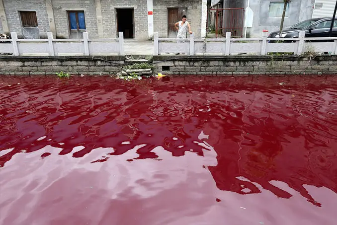 A Photo Of A Blood Red River In Xinmeizhou village, Zhejiang province, China - 10 Eerie Photos That Will Send Shivers Down Your Spine