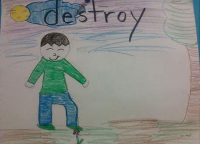 A child's drawing of a boy stepping on a flower - 22 Inappropriate Children's Drawings That Will Make You Laugh