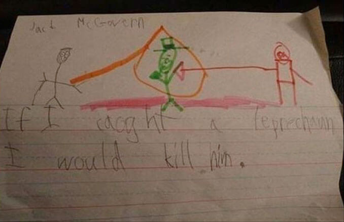A child's drawing of them killing a Leprechaun - 22 Inappropriate Children's Drawings That Will Make You Laugh