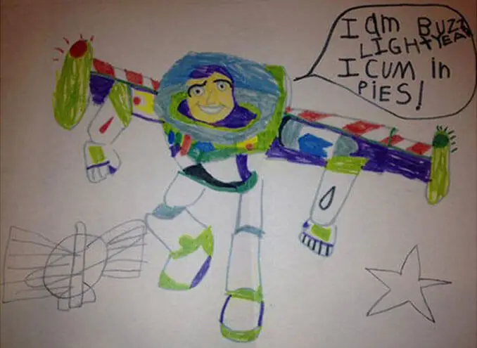 A child's drawing of Buzz Lightyear - 22 Inappropriate Children's Drawings That Will Make You Laugh
