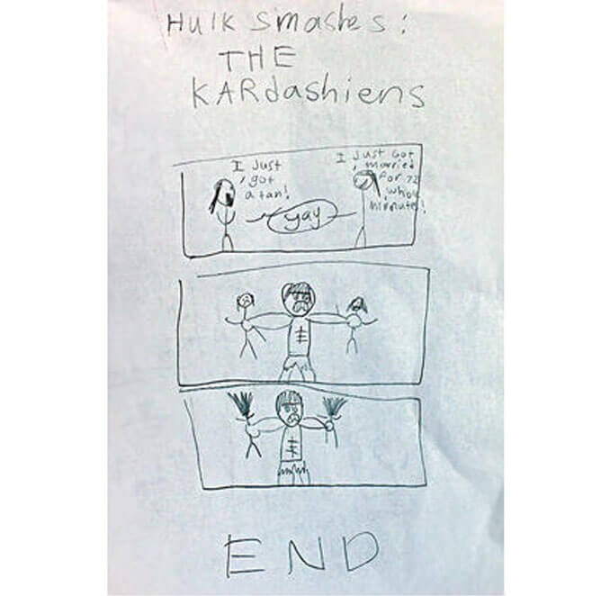 A child's drawing of The Hulk smashing the Kardashians - 22 Inappropriate Children's Drawings That Will Make You Laugh