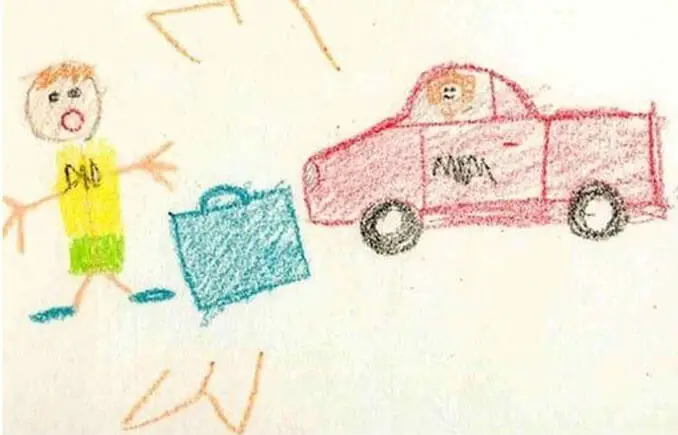 A child's drawing of mum driving away from dad - 22 Inappropriate Children's Drawings That Will Make You Laugh