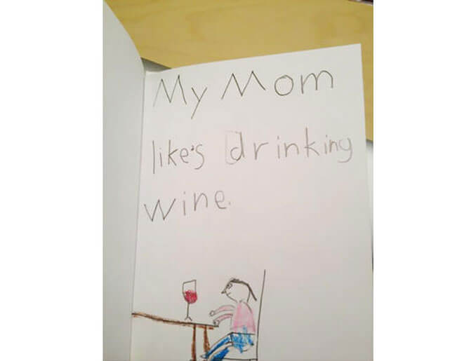 A child's drawing of their mum drinking wine - 22 Inappropriate Children's Drawings That Will Make You Laugh