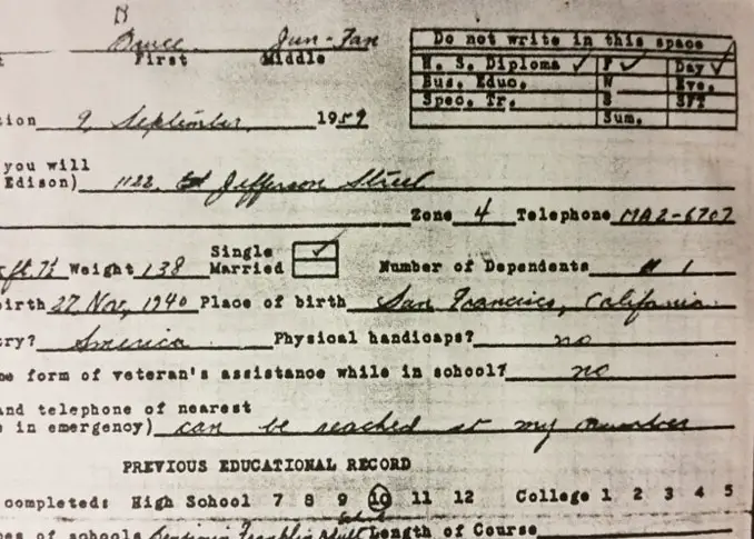 Bruce Lee's school enrollment form.