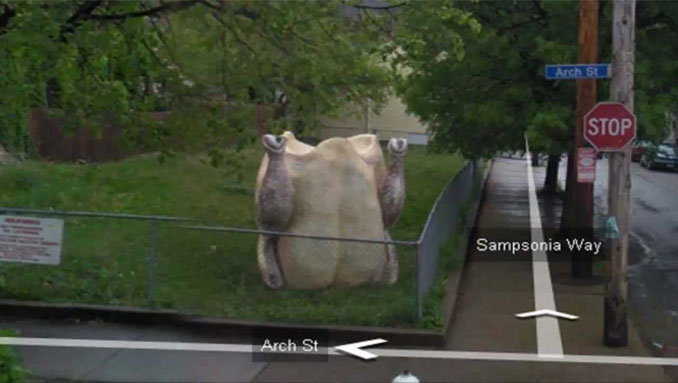 A giant chicken seen on Google Street View.