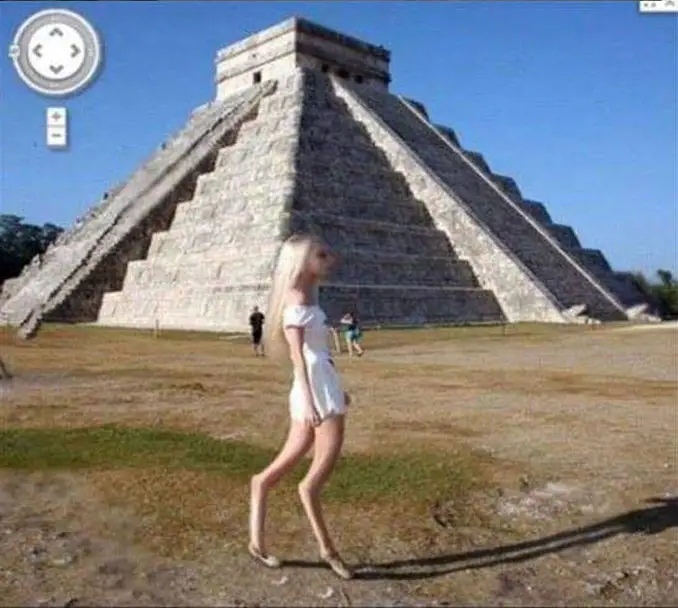 A girl with backwards legs at Chichen Itza seen on Google Maps.