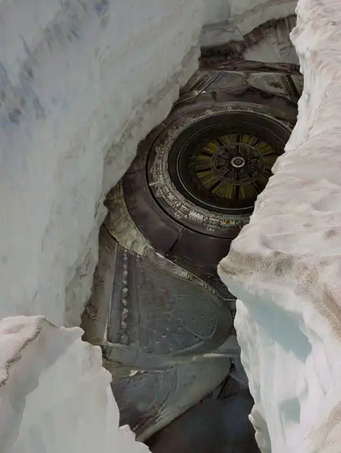 A Google Earth image of a metallic object that looks like a spacecraft trapped beneath ice. 