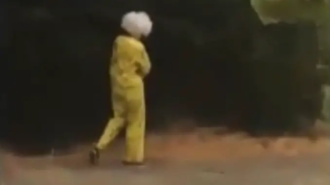 Clown filmed chasing a group of children with a horn.