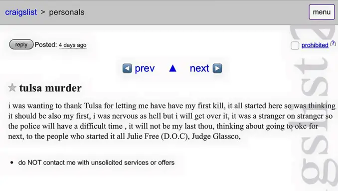 Tulsa Murder ad is one of the creepiest Craigslist stories.