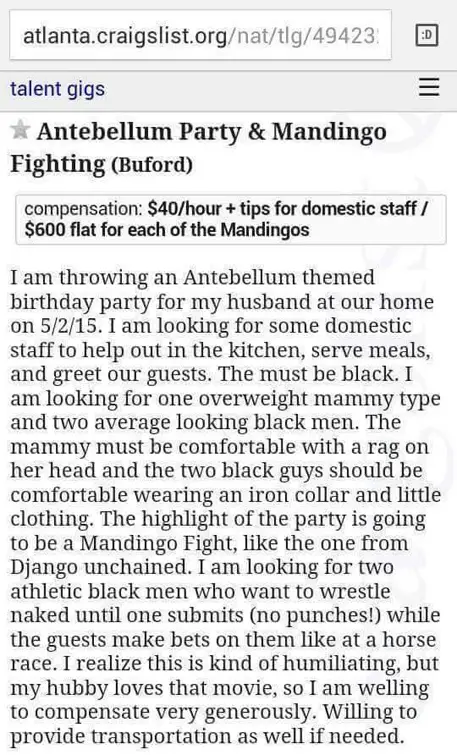 This ad asked for black men to wrestle in a Mandingo fight resulting in one of the creepiest Craigslist stories.
