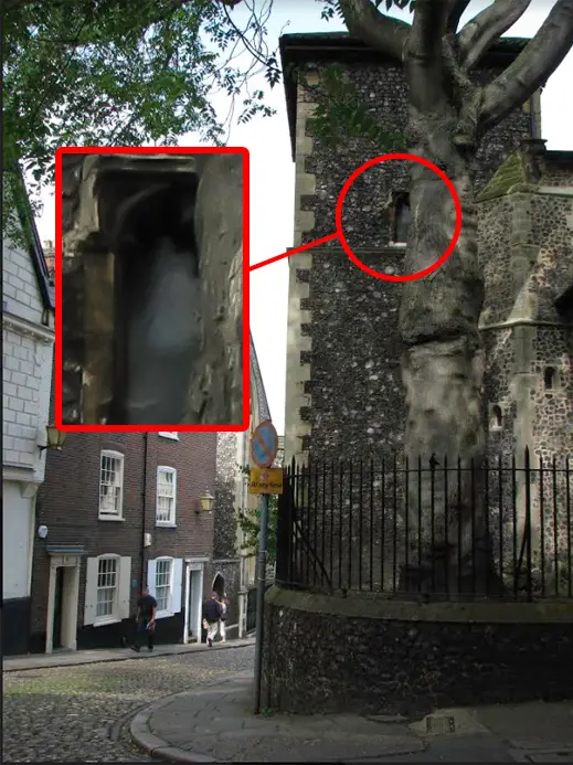 Ghost in window, St Andrews Church, Norwich 