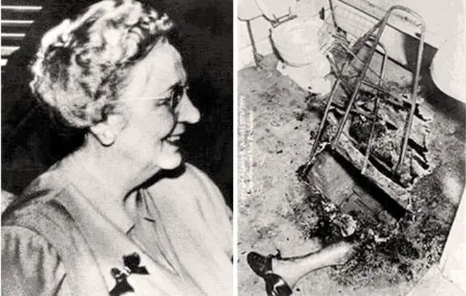 A side-by-side image comparison of Mary Reeser. On the left she is alive. On the right are the charred remains of her body.