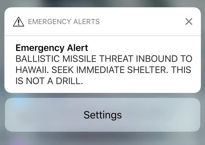 Text message sent out during the famous Hawaii missile alert false alarm.