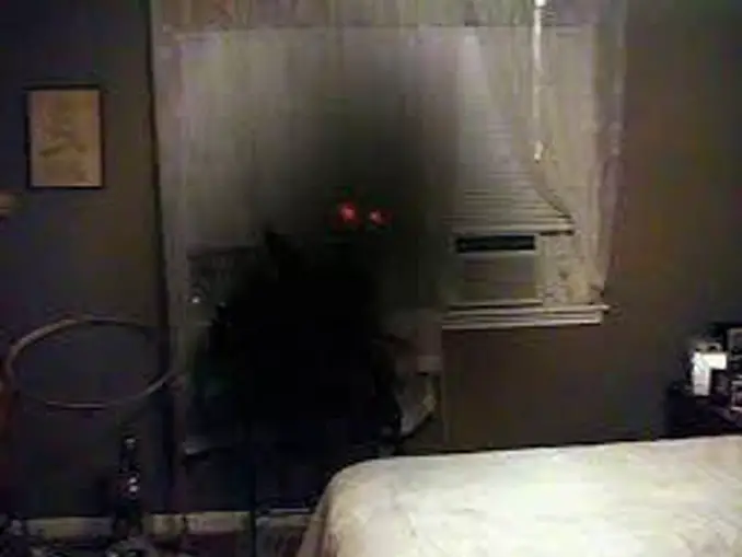 A red-eyed entity seen lurking in a room