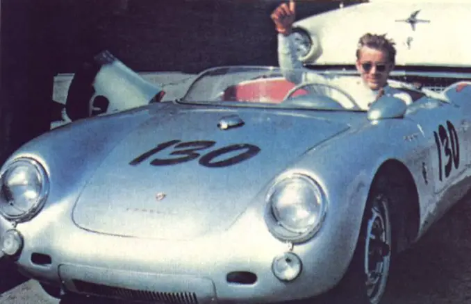 James Dean pictured in his Porsche Spyder 550.