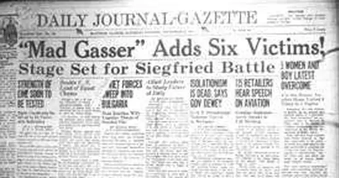 Old newspaper showing headline 'mad gasser of Mattoon'.