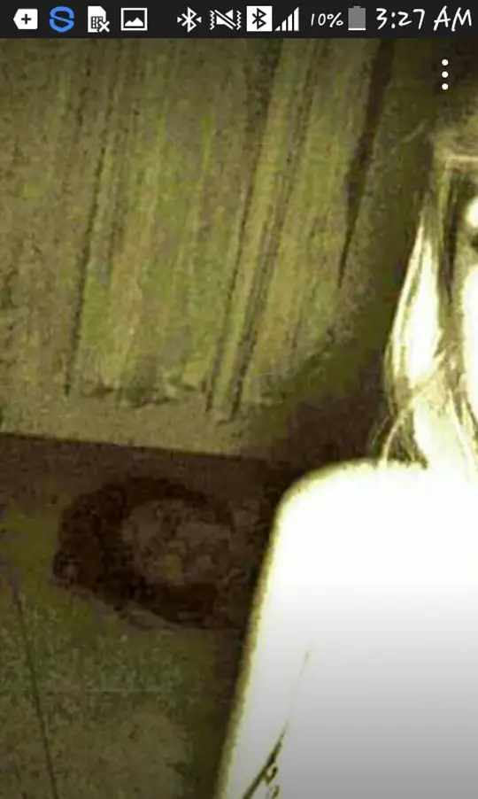 Brightened scary photo reveals ghostly head in the background.