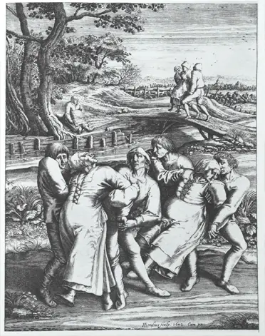 An black and white sketch of the Dancing Plague, one of many examples of mass hysteria